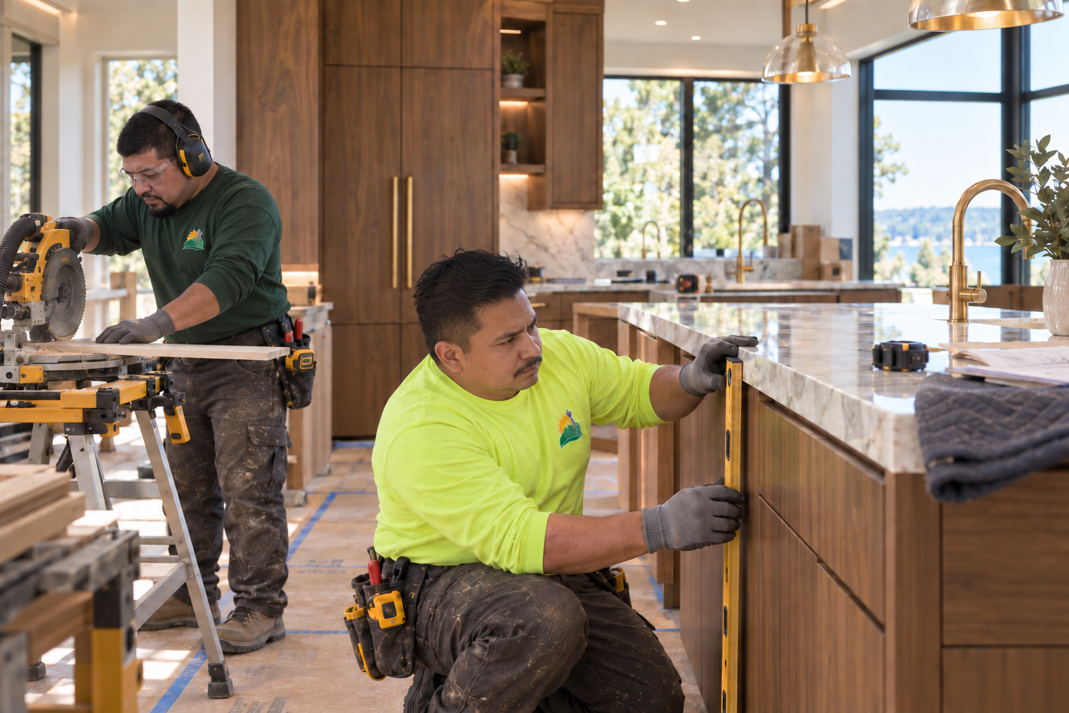 Two Sunny Seattle craftsmen naturally working on a luxury kitchen remodel