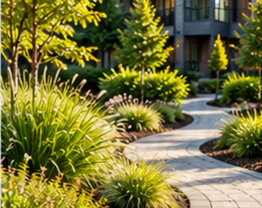 Professionally maintained landscaping and hardscaping at an apartment property