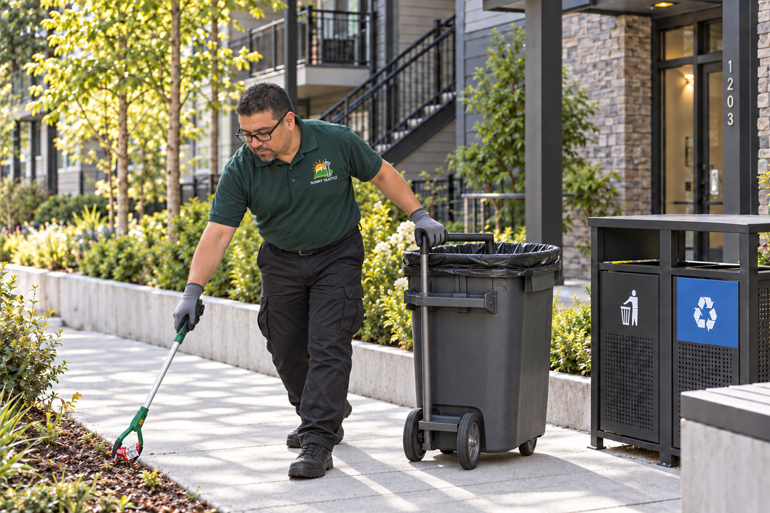 Sunny Seattle porter collecting litter on apartment grounds in a branded uniform