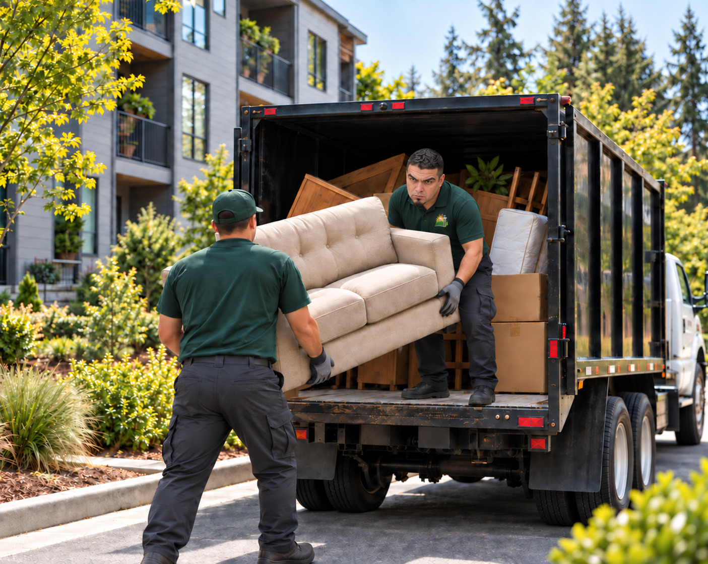 Sunny Seattle junk removal crew loading a sofa into a truck at an apartment property